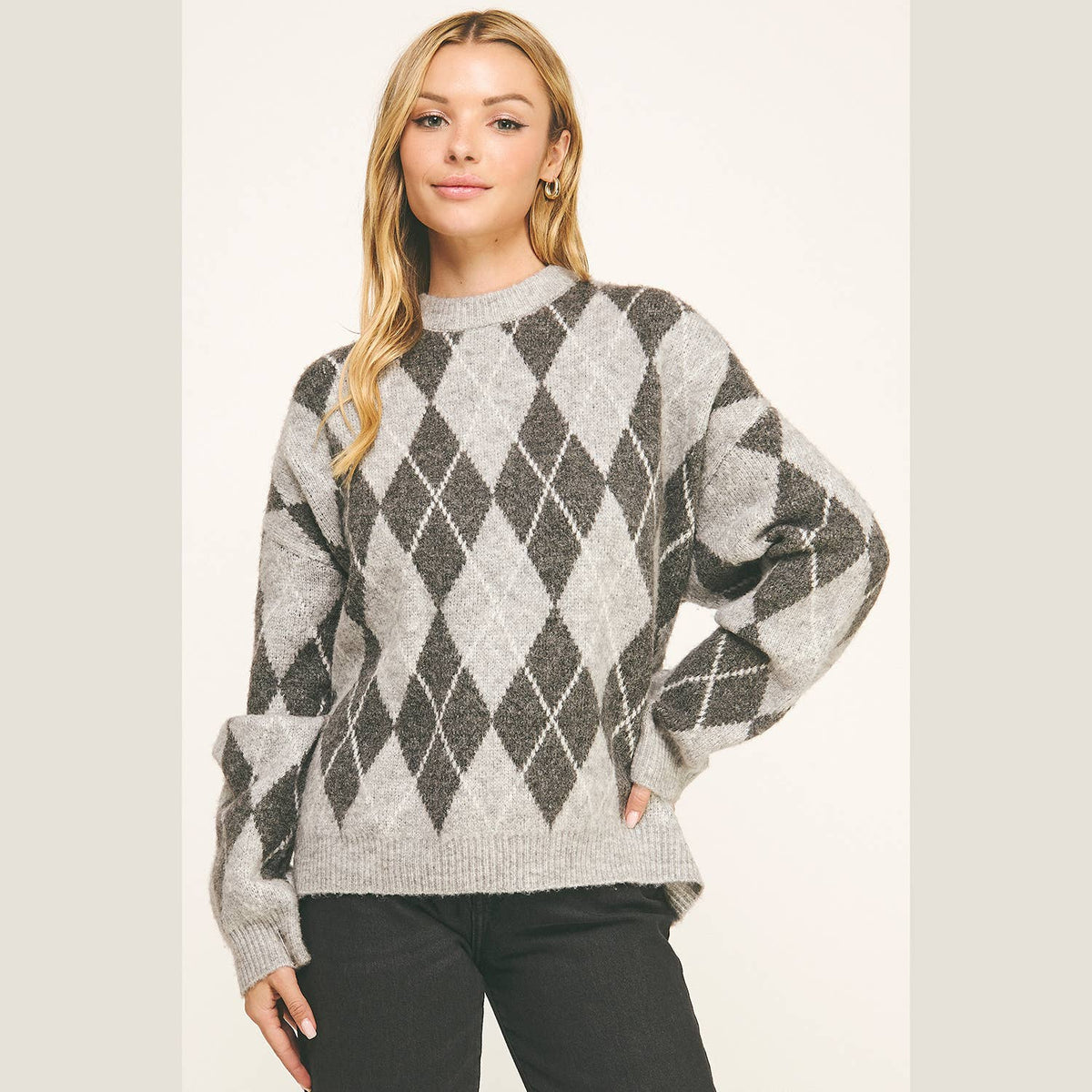 CHECKERED CREW NECK LONG SLEEVE PULLOVER SWEATER