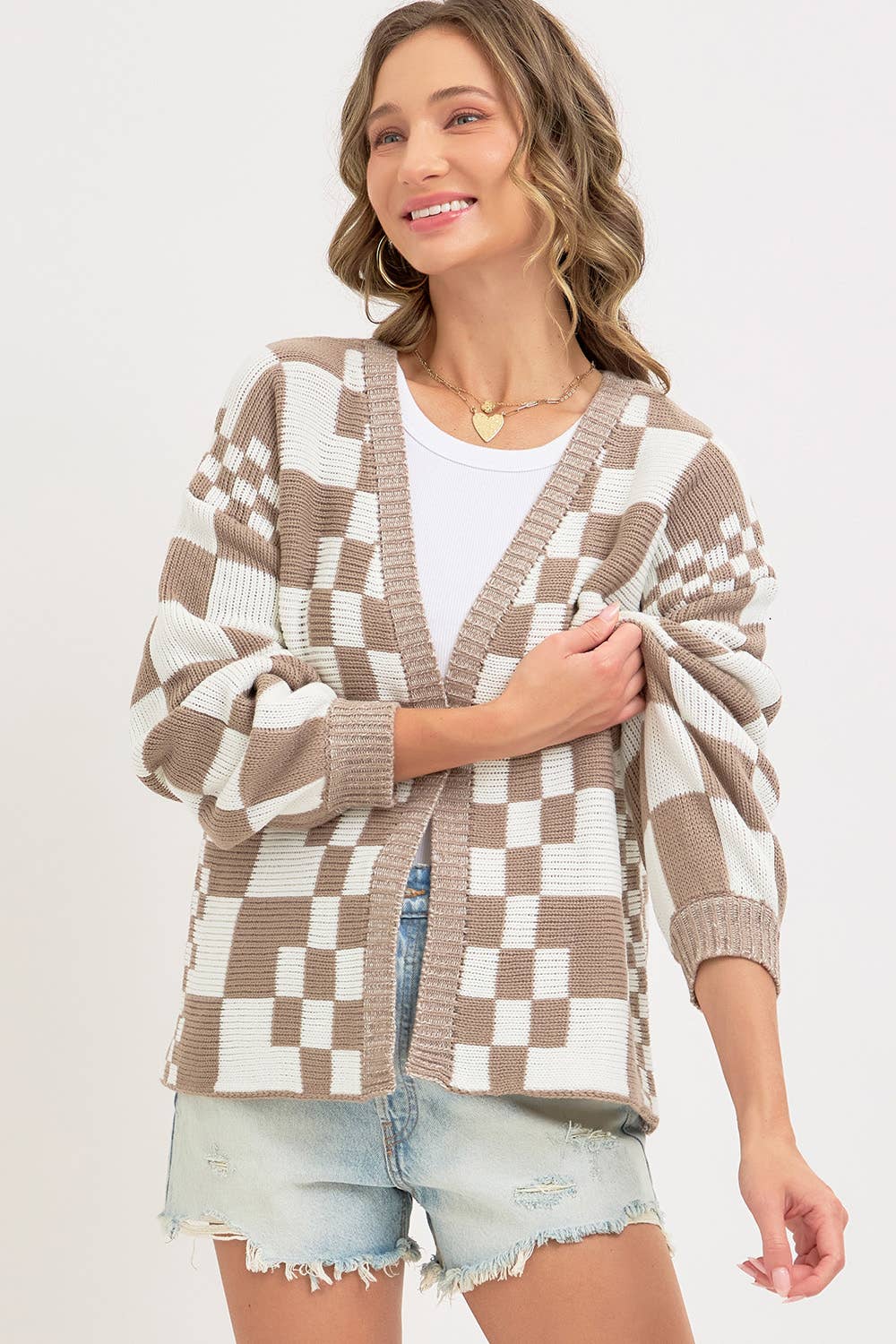 MIXED CHECKERED KNIT OPEN FRONT CARDIGAN