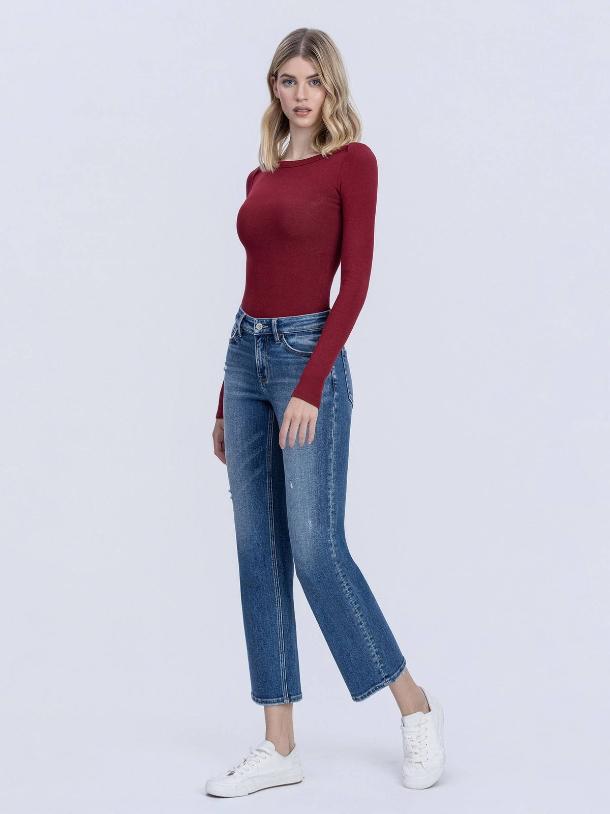 CARLY MID RISE MEDIUM DARK WASH ANKLE STRAIGHT JEANS T7242