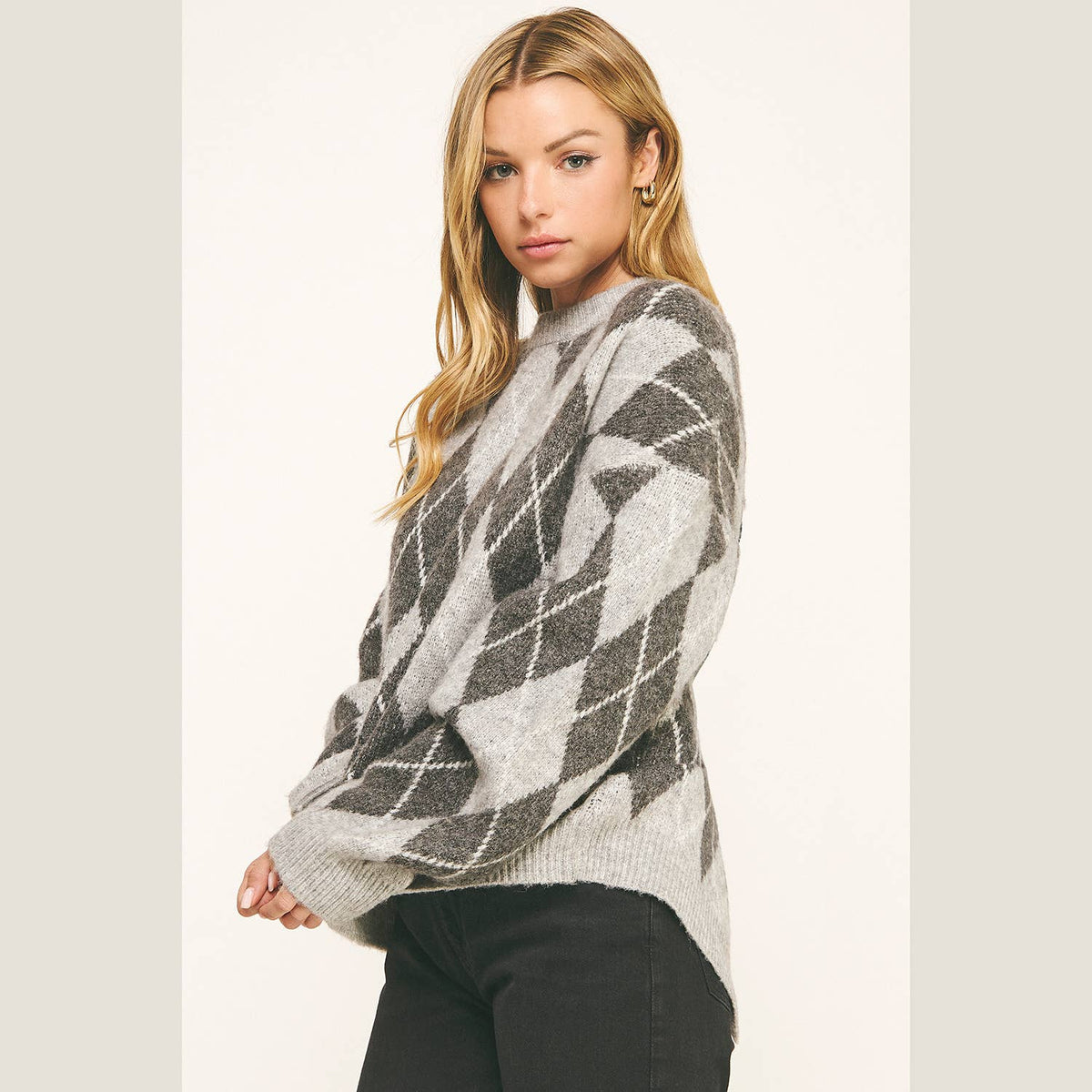 CHECKERED CREW NECK LONG SLEEVE PULLOVER SWEATER