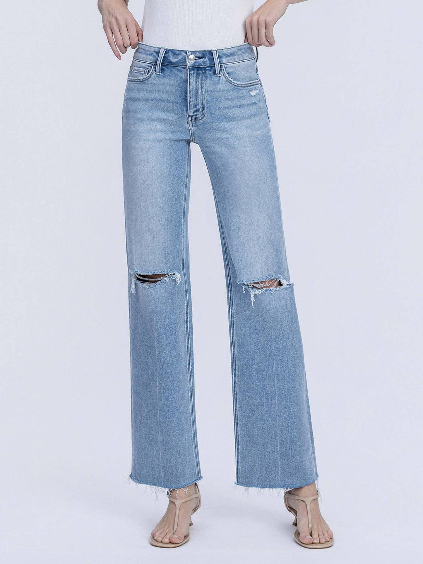 JANE HIGH RISE LIGHT WASH DISTRESSED SLIM WIDE JEANS LV2217
