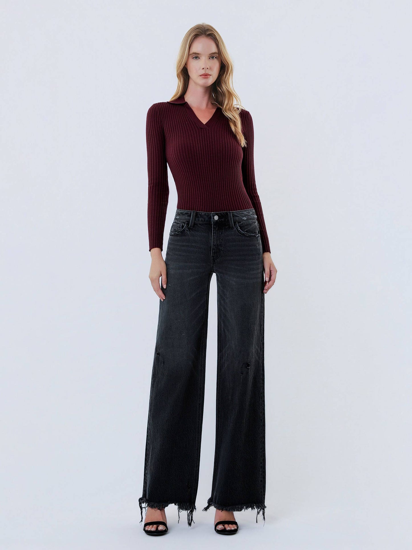 JANE MID RISE DISTRESSED HEM BLACK WIDE LEG  JEANS T7320BK