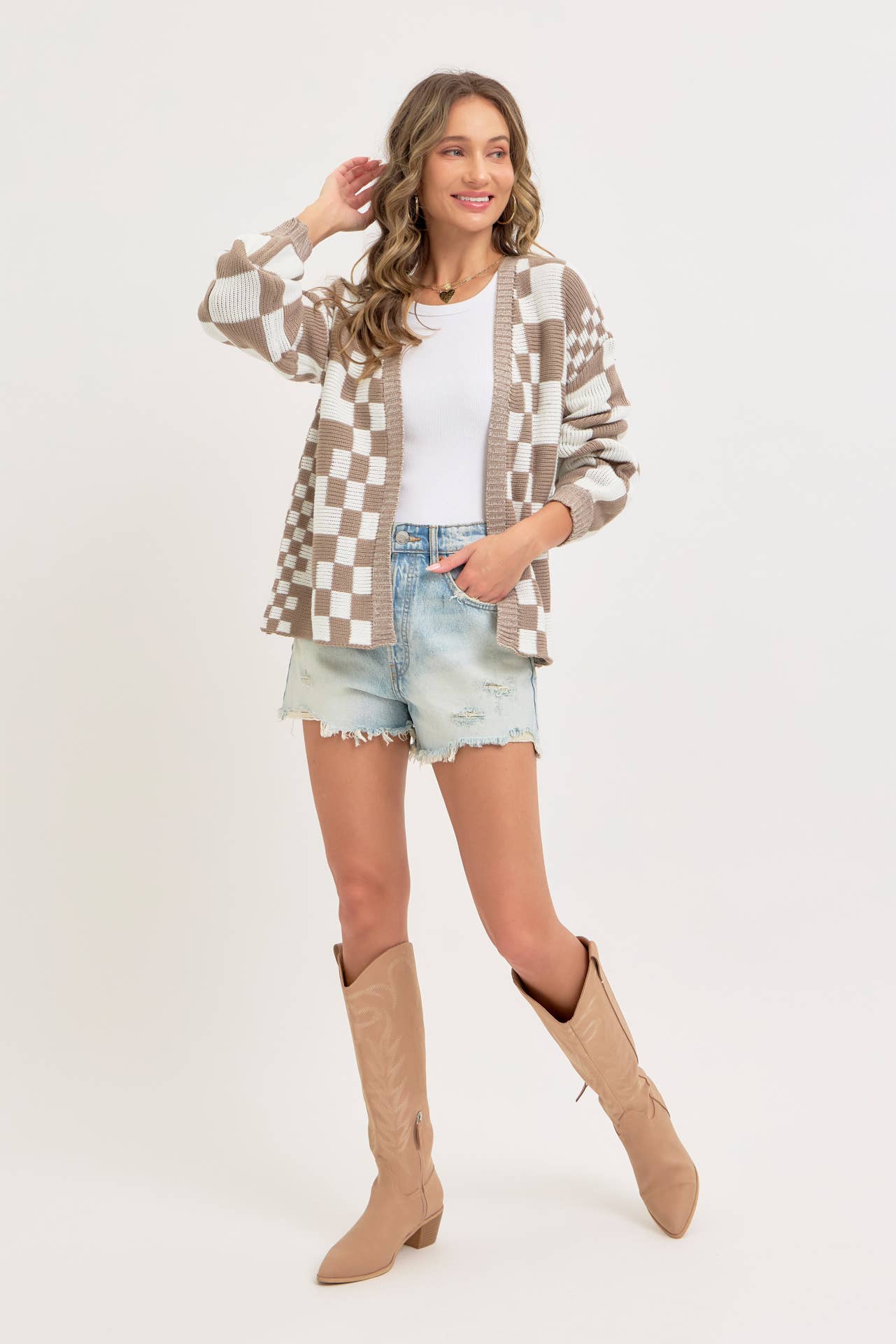 MIXED CHECKERED KNIT OPEN FRONT CARDIGAN