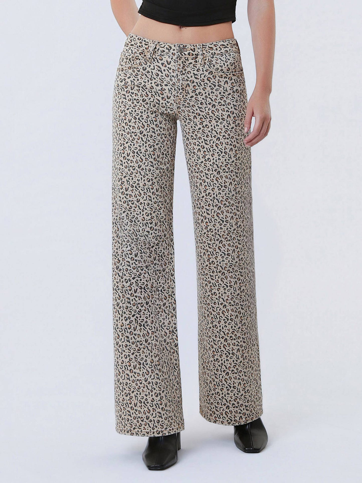 MID RISE LEOPARD PRINT WIDE LEG JEANS