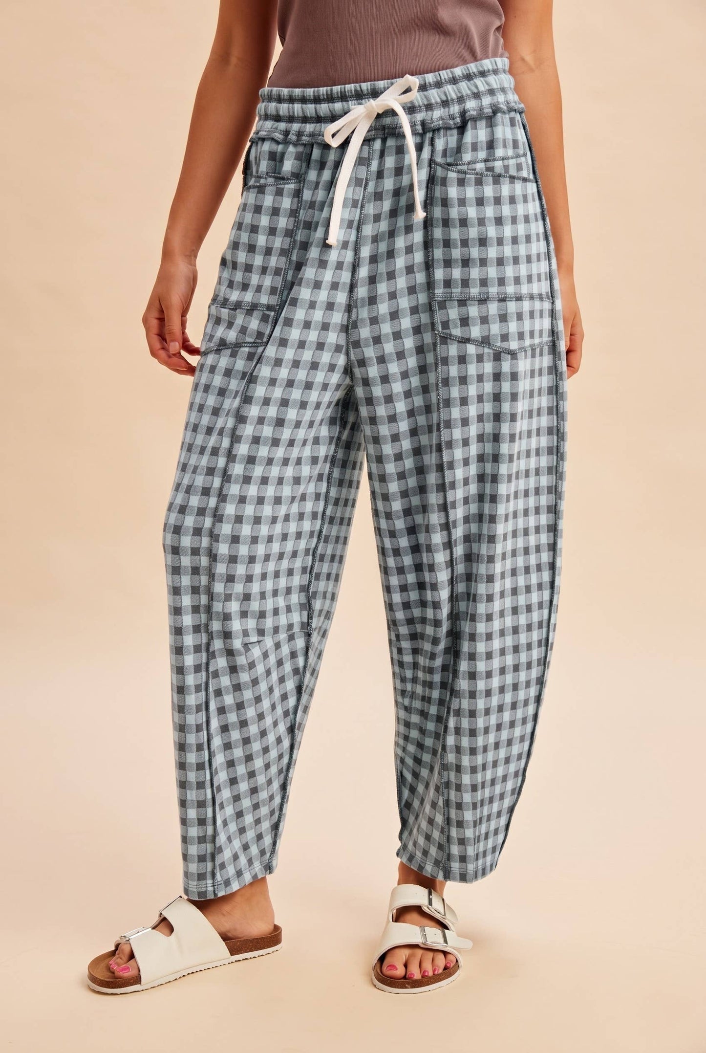 Soft Brushed Check Barrel Fit Utility Knit Pants