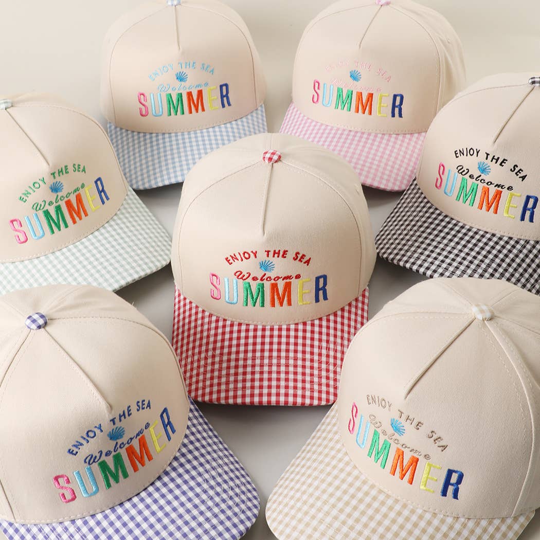 Welcome SUMMER Embroidered Gingham Trucker Hat