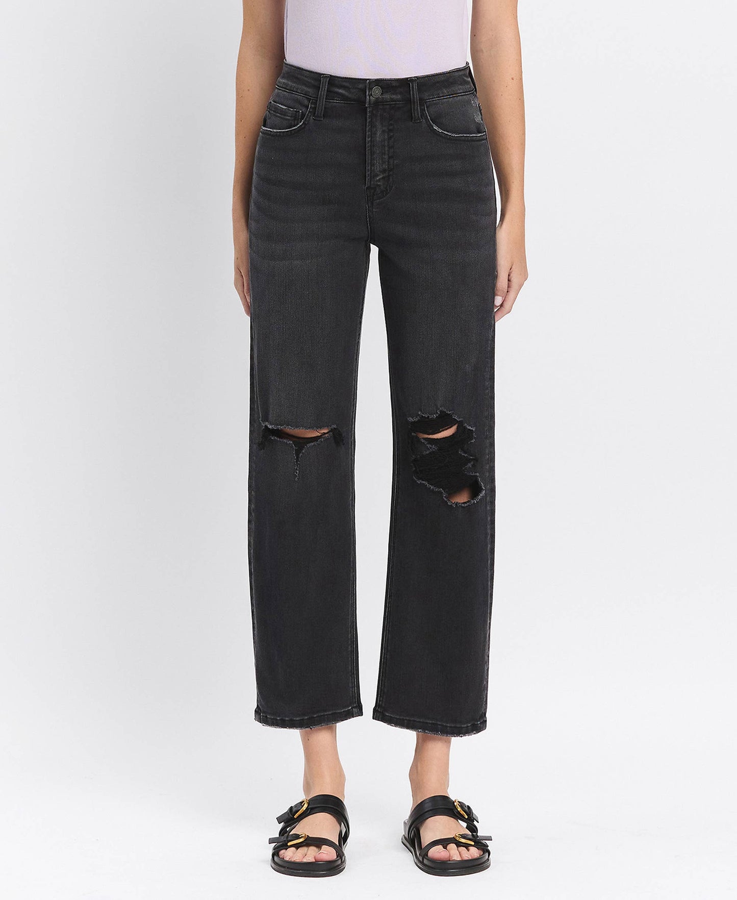 HIGH RISE DISTRESSED BLACK BARREL JEANS