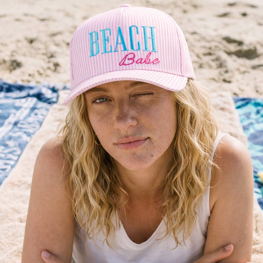 BEACH BABE Embroidered Seersucker Stripe Trucker Hat