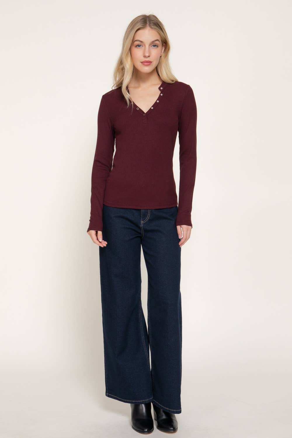 Long Sleeve Henley Neck Ribbed Top