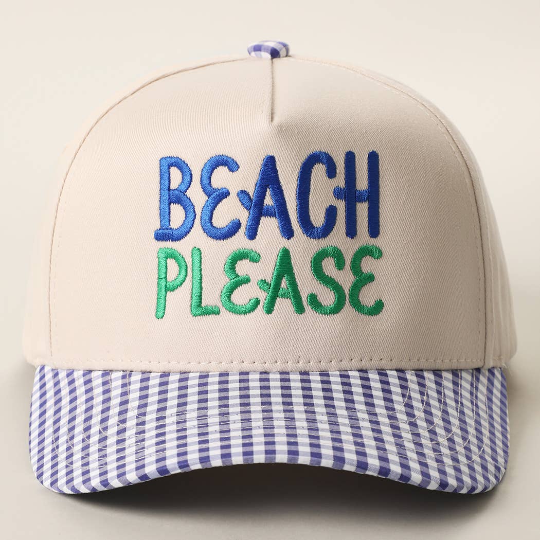 BEACH PLEASE Embroidered Gingham Brim Trucker Hat