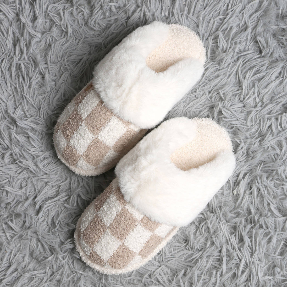 Checkered Faux Fur Cuff Mule Winter Slippers
