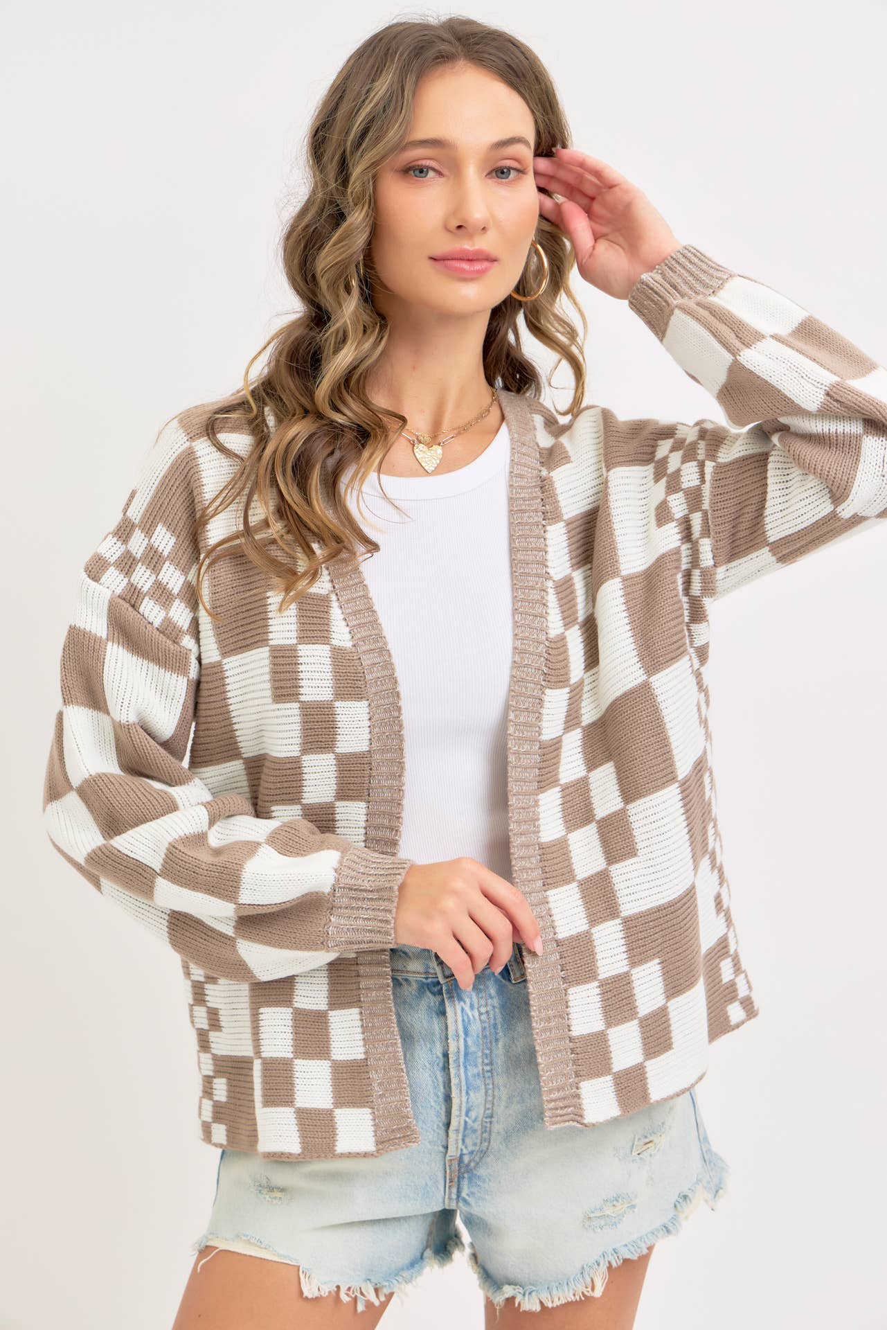MIXED CHECKERED KNIT OPEN FRONT CARDIGAN