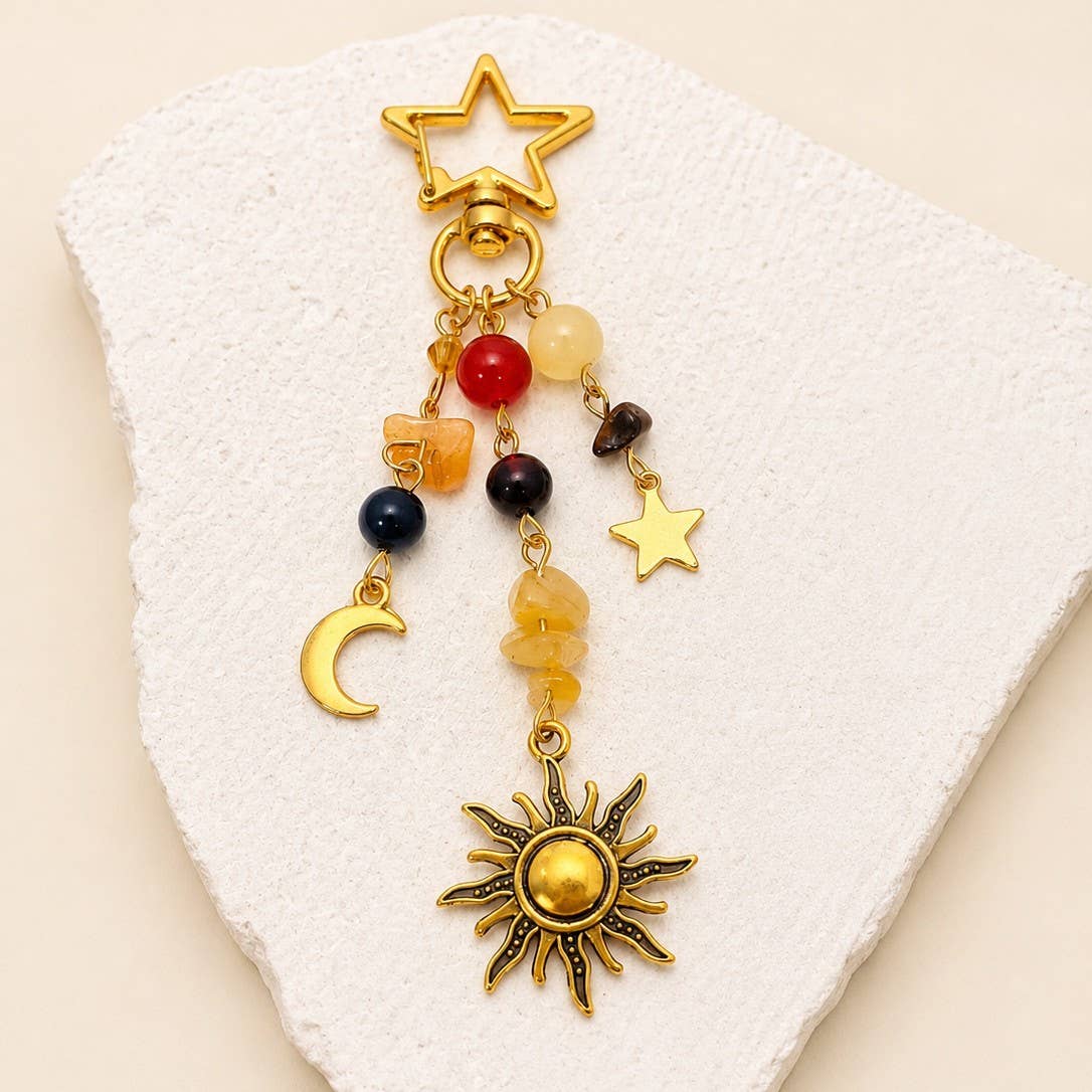 STAINLESS CELESTIAL SUN MOON STAR BEADED KEYCHAIN | 40KC188