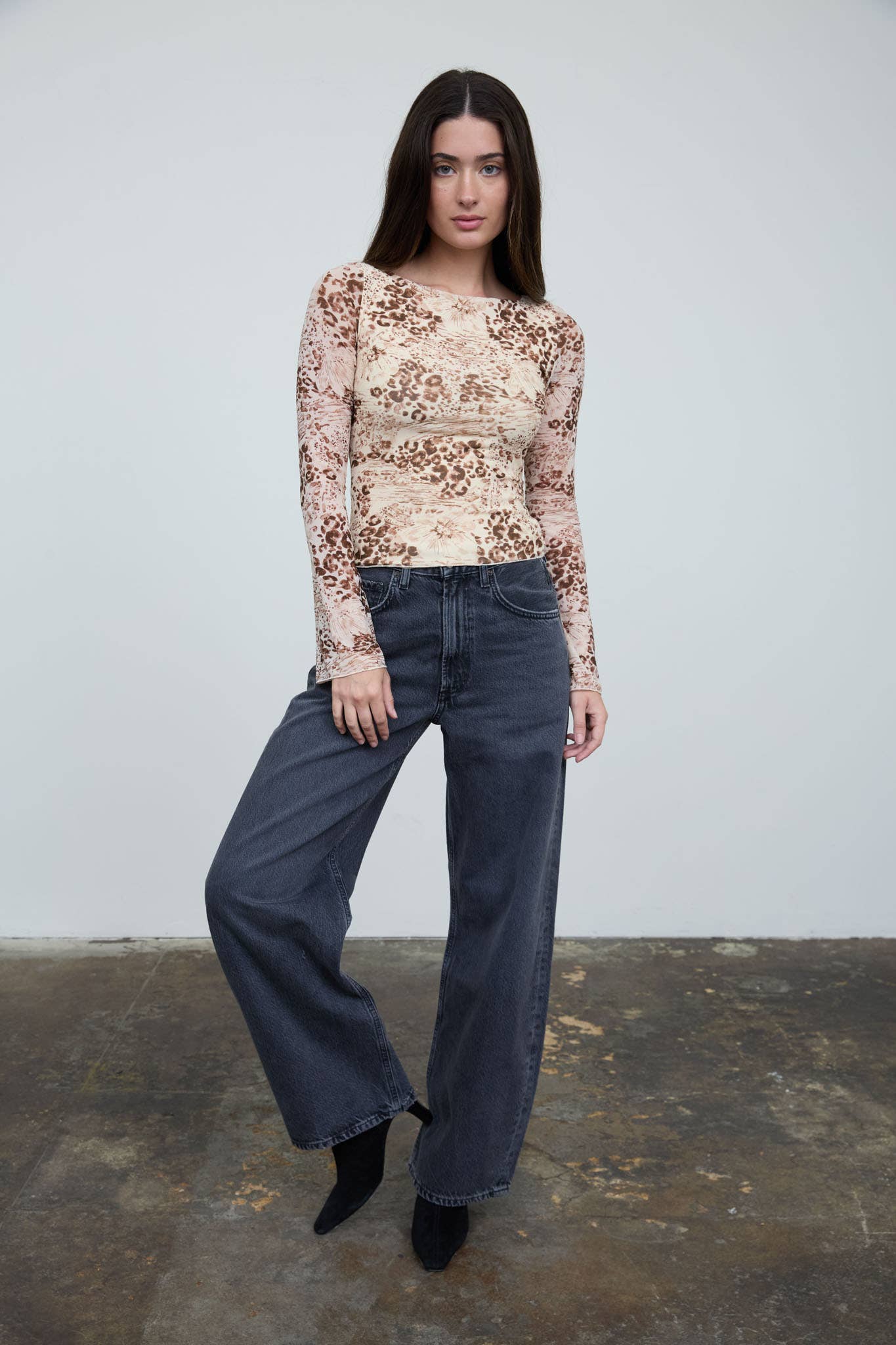 FLORAL LEOPARD PRINT LONG SLEEVE KNIT TOP