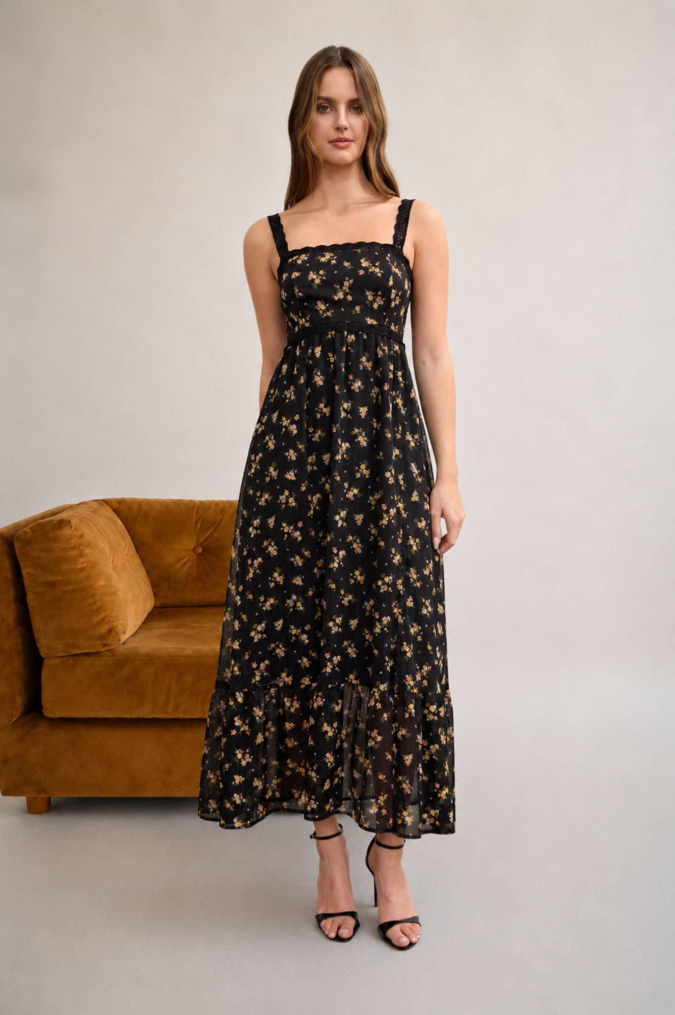 FLORAL GLITTER LACE TRIM MIDI DRESS