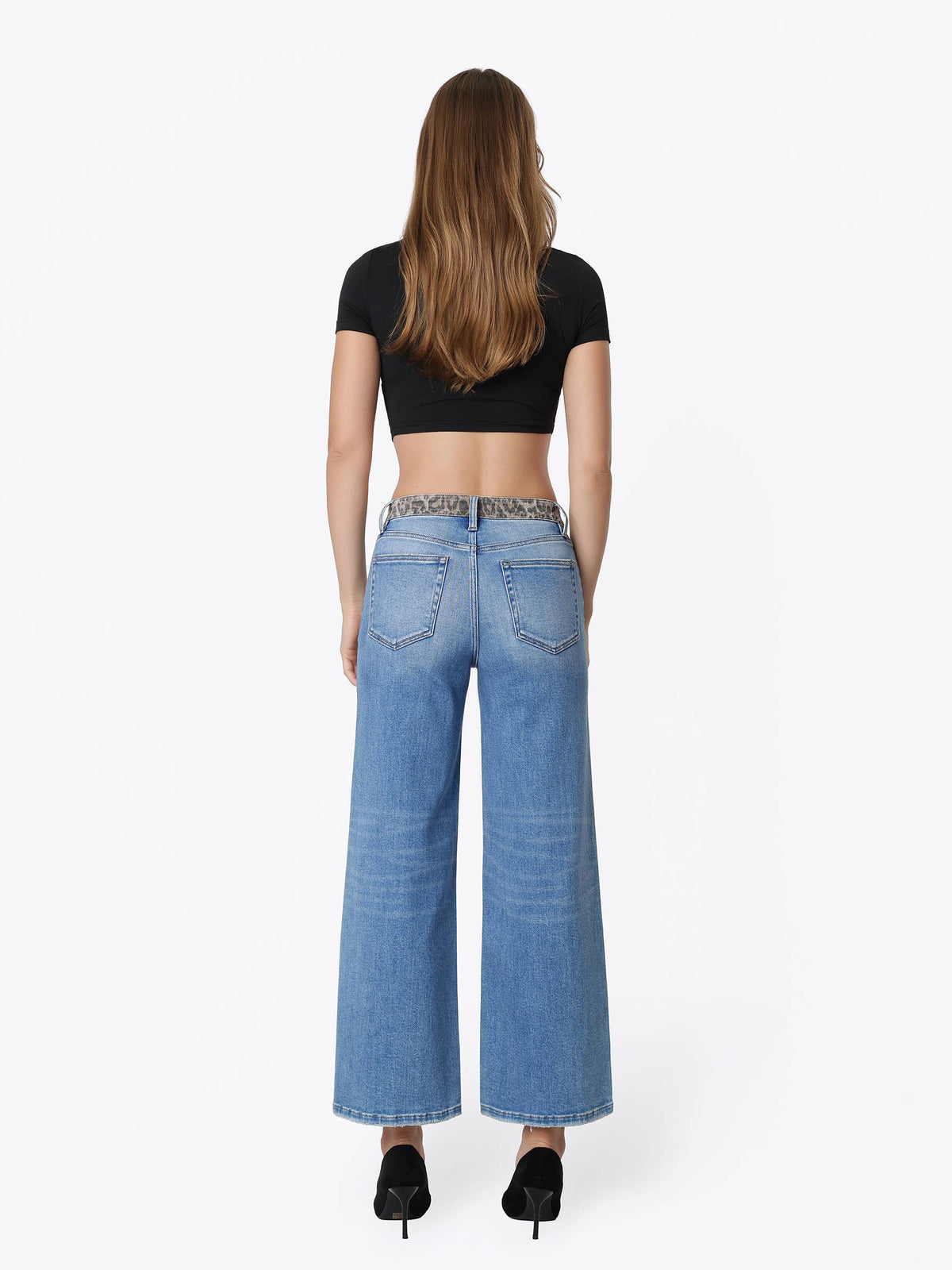 HIGH RISE LEOPARD PRINT WAISTBAND ANKLE WIDE JEANS T7630LPD
