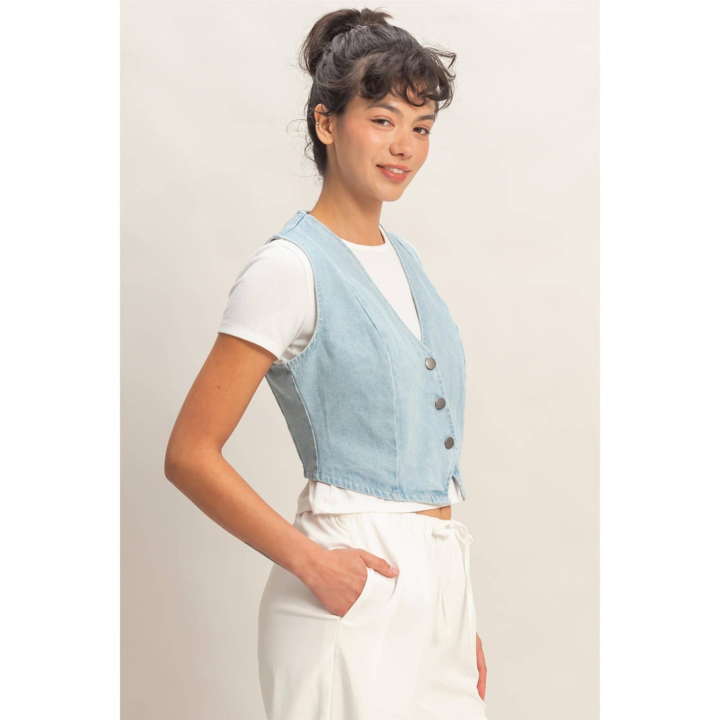 V-Neck Sleeveless Denim Vest