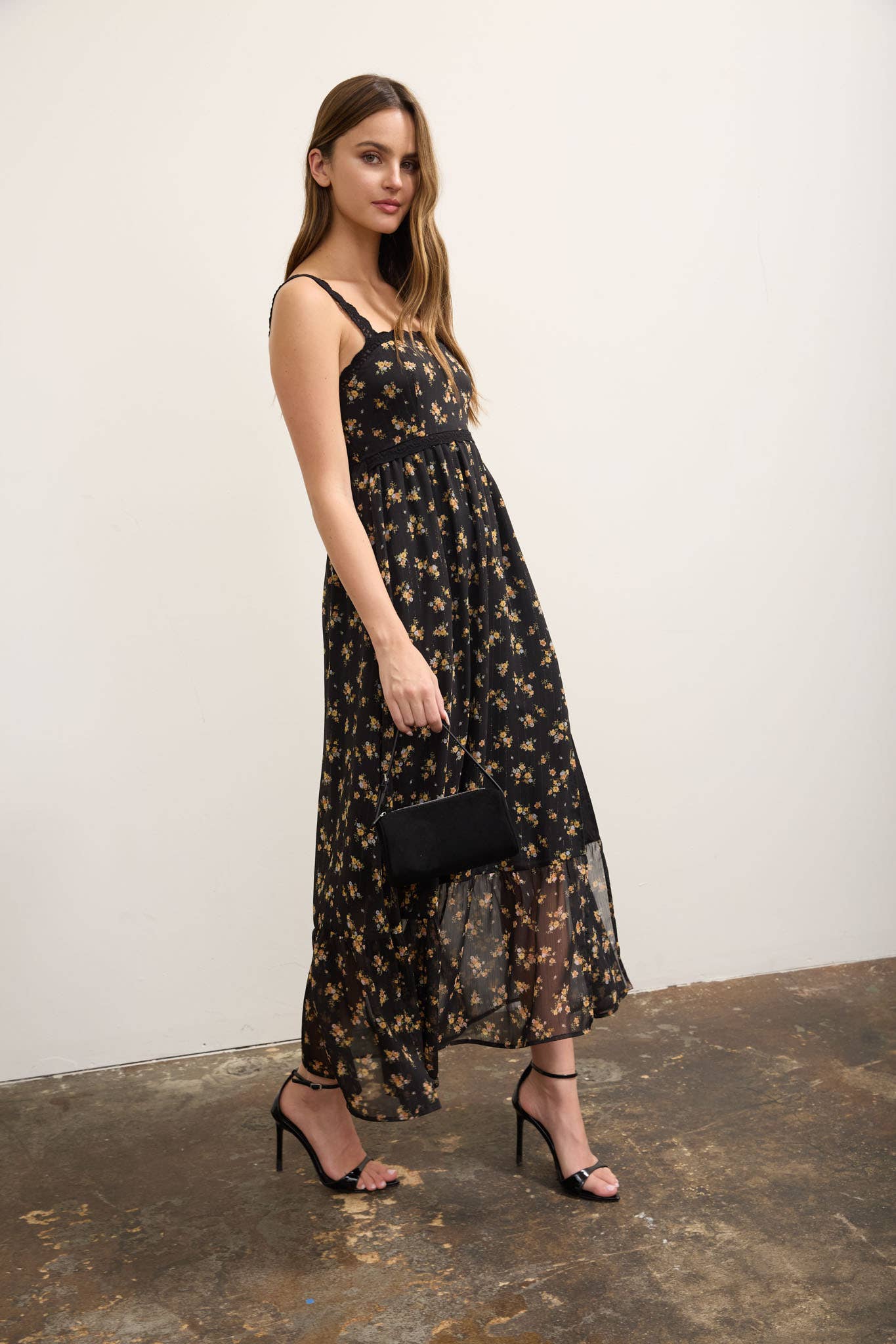 FLORAL GLITTER LACE TRIM MIDI DRESS