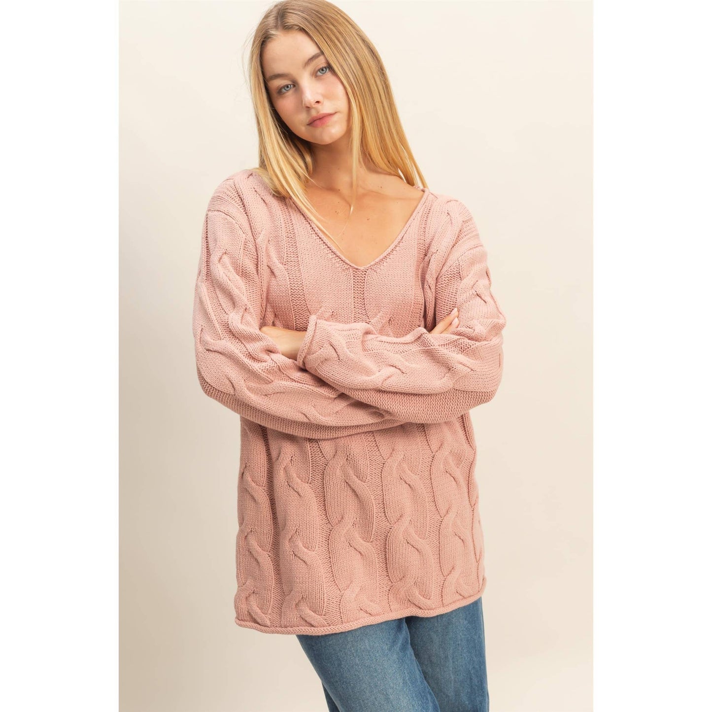 V Neck Cable Pullover Sweater