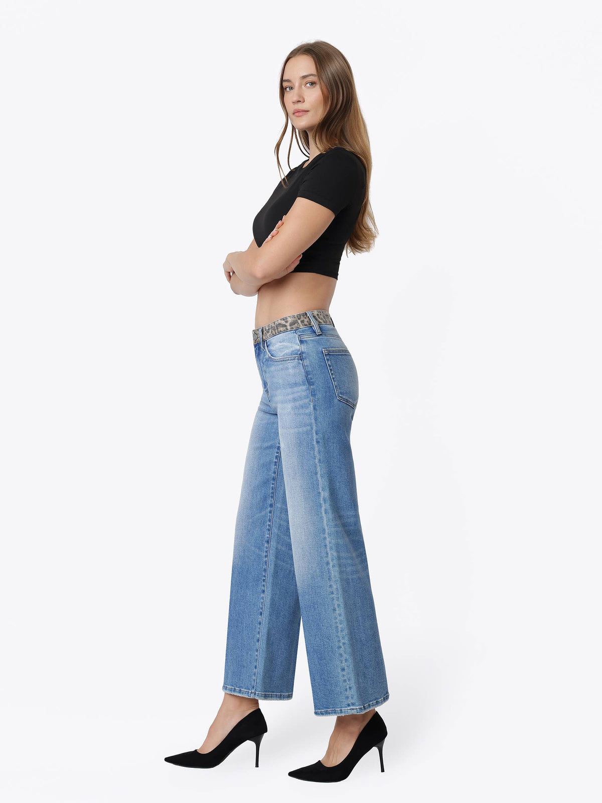 HIGH RISE LEOPARD PRINT WAISTBAND ANKLE WIDE JEANS T7630LPD