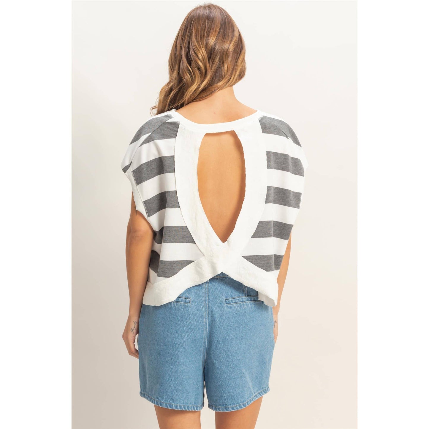 Striped open backCrew Neck Top