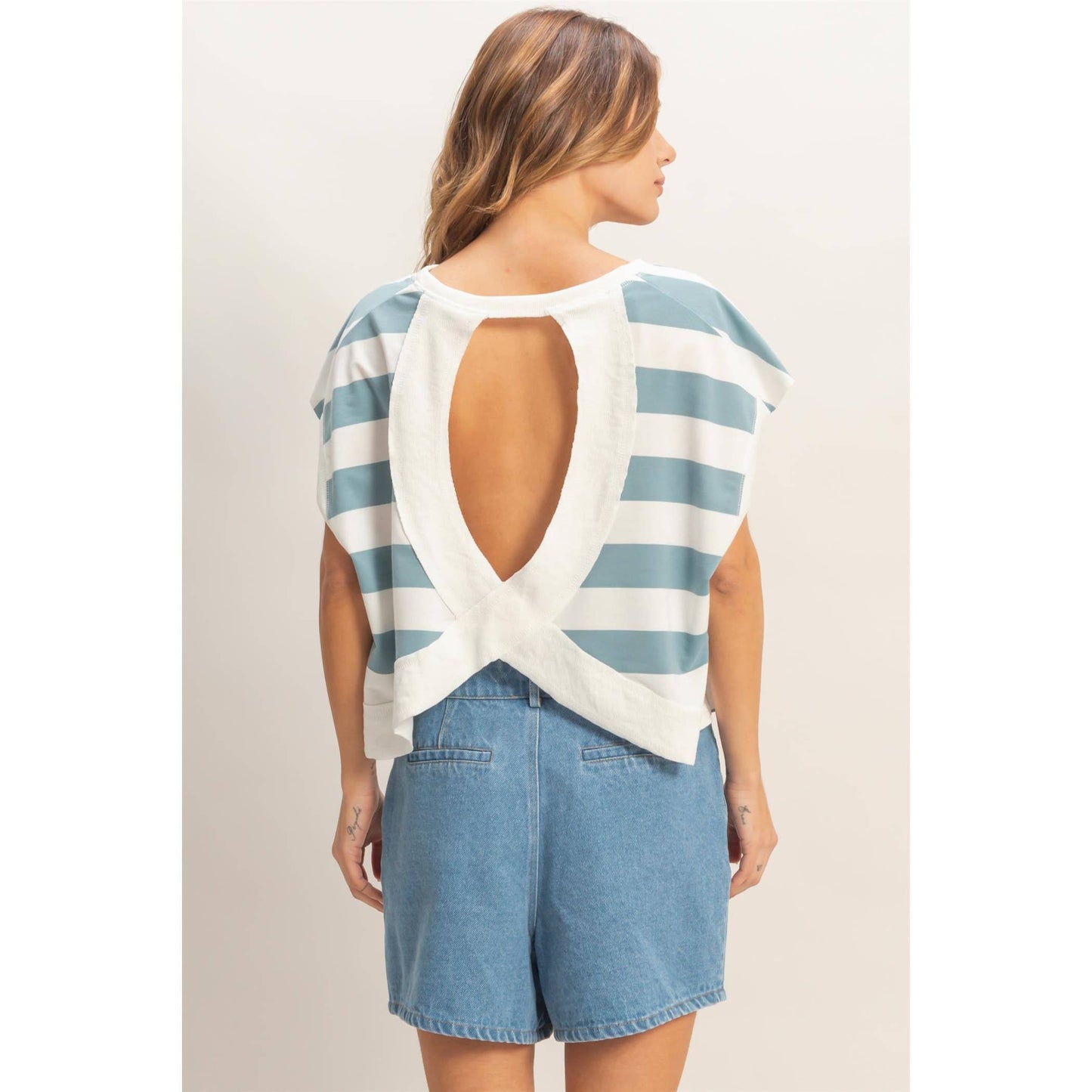 Striped open backCrew Neck Top