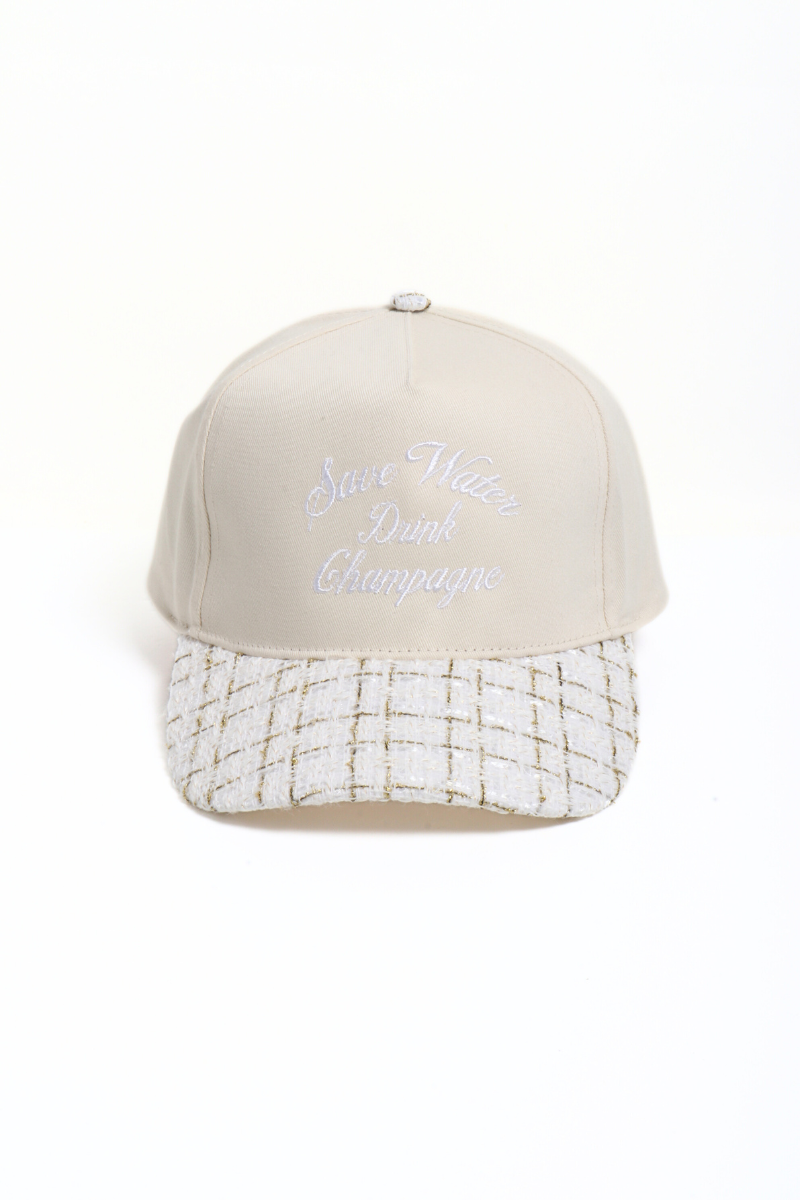SAVE WATER DRINK CHAMPAGNE embroidered tweed brim cap