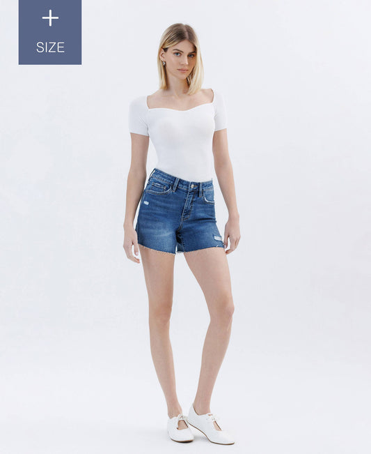 PLUS SIZE HIGH RISE RAW HEM DENIM SHORTS LV1638-P