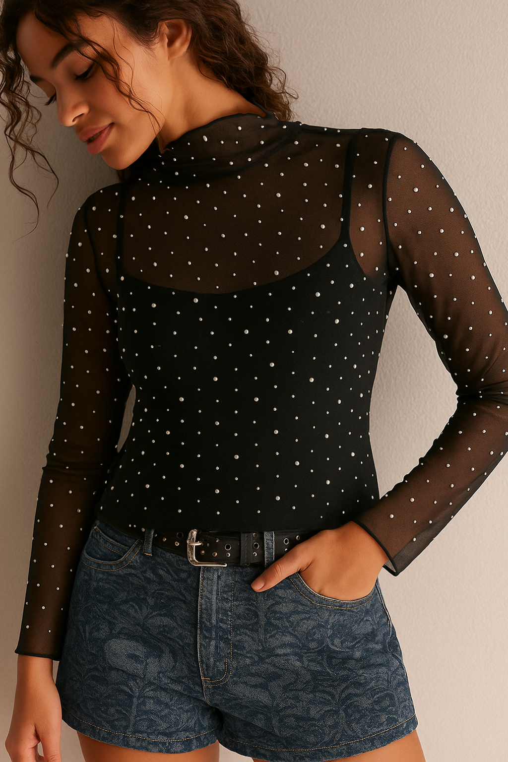 Rhinestone & Pearl Mesh Top