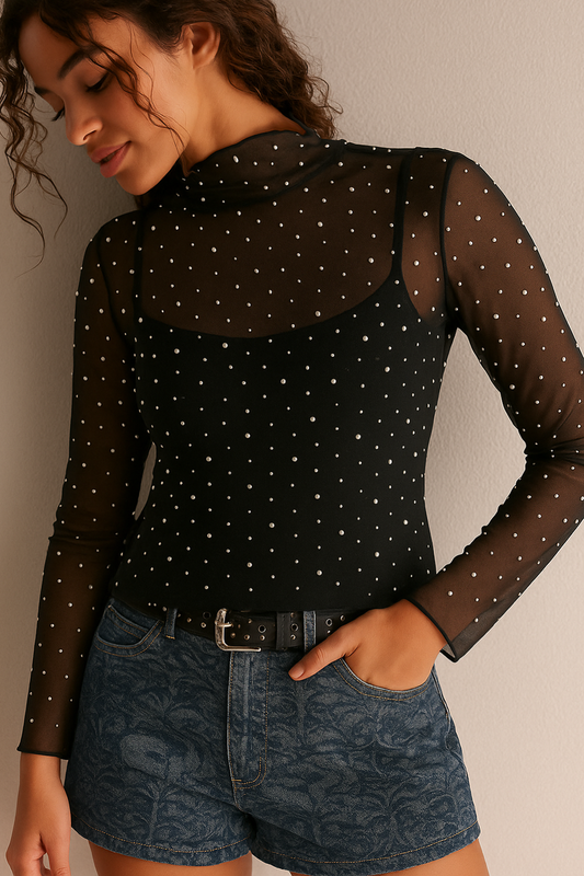 Rhinestone & Pearl Mesh Top