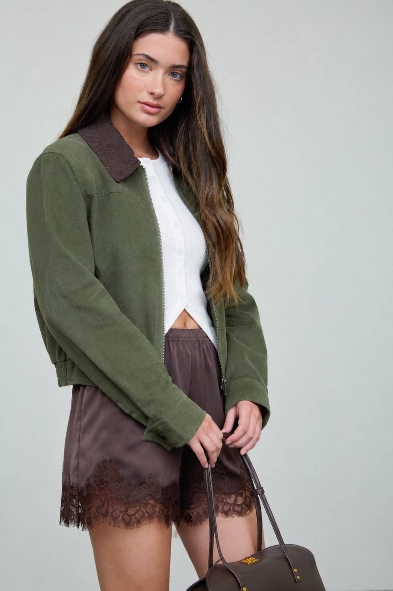 CONTRAST CORDUROY COLLAR ZIP-UP JACKET