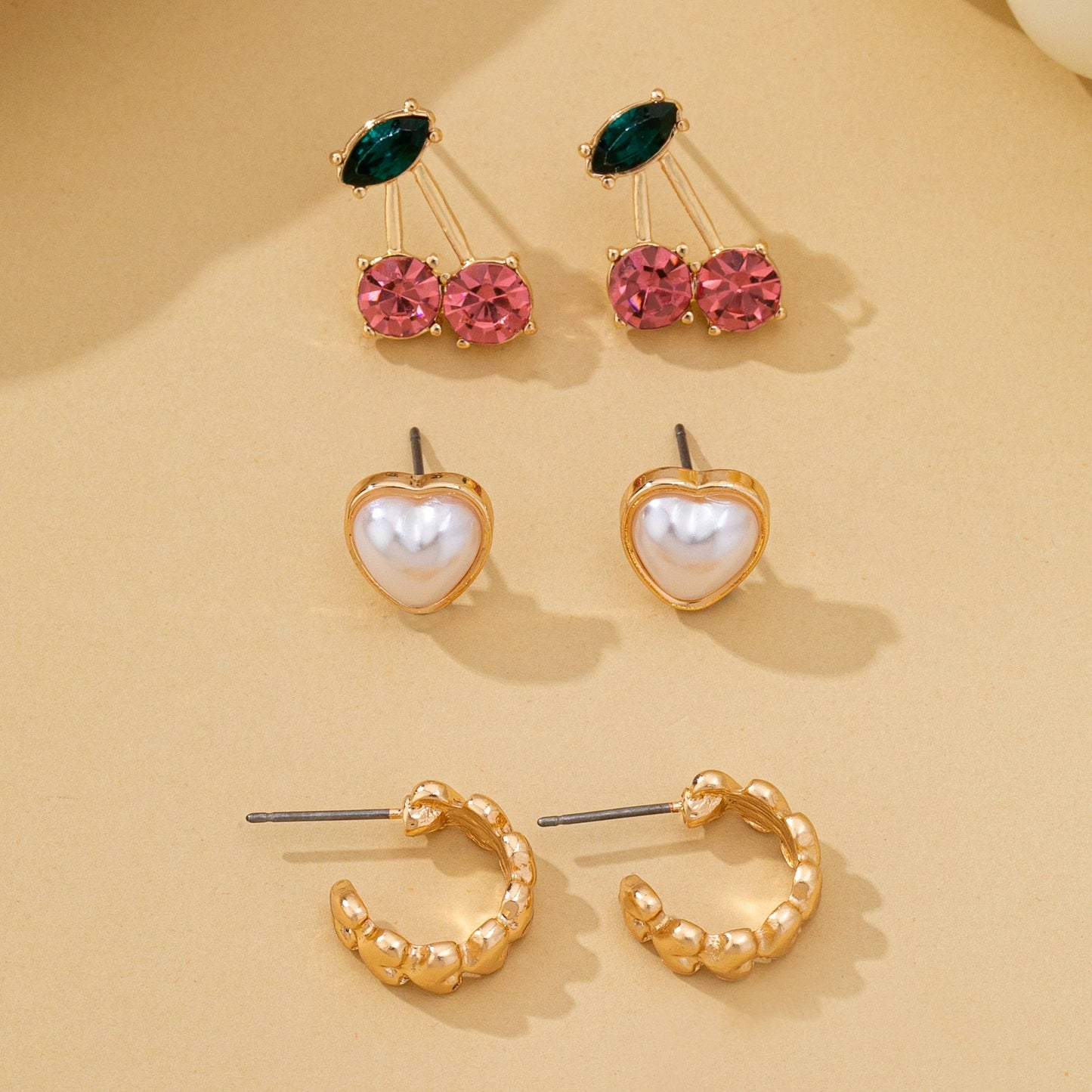 Trio Heart, Huggie, and Cherry Earring Set | 80E62473