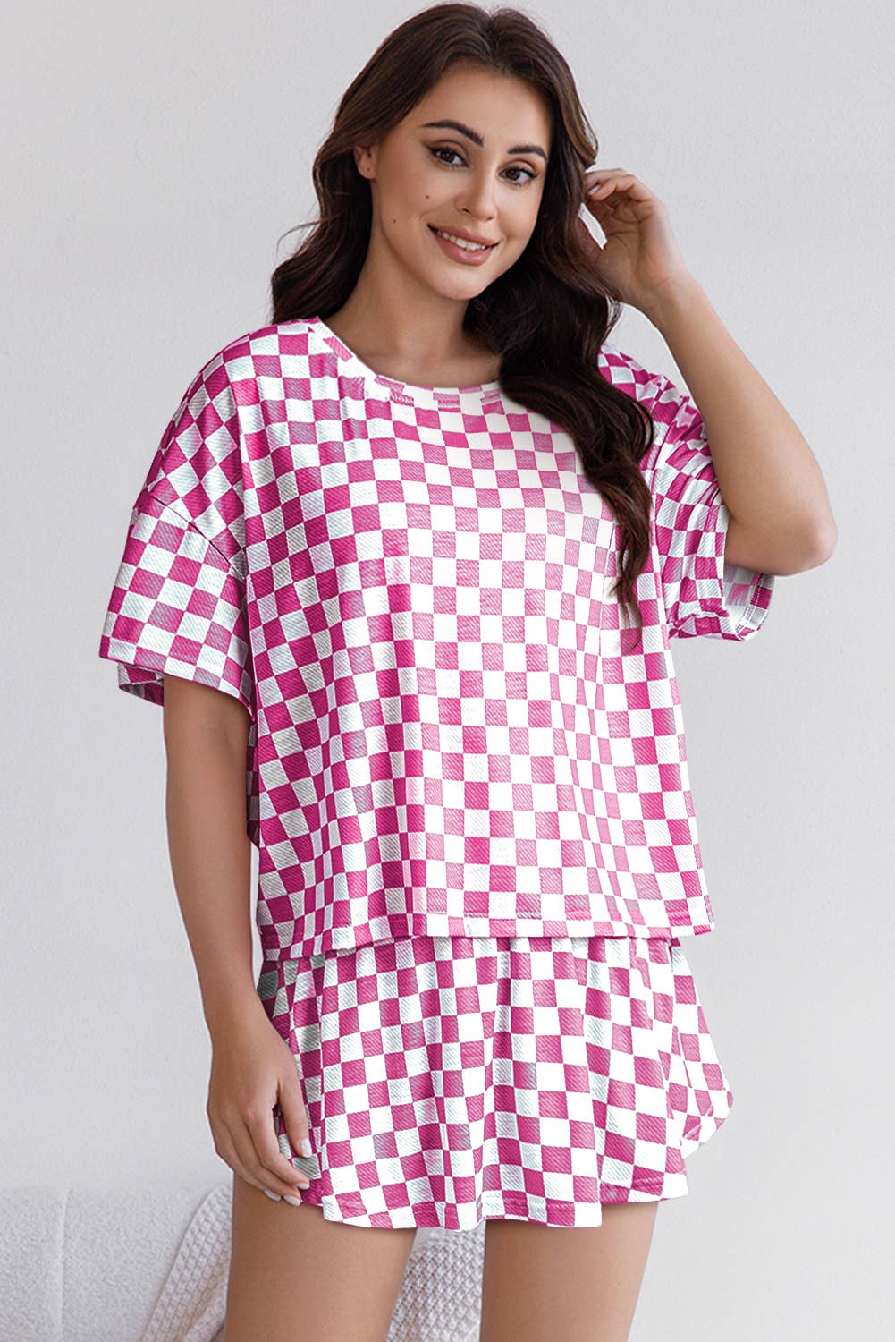 Checkerboard T-Shirt & High-Waist Skorts 2-Piece Set