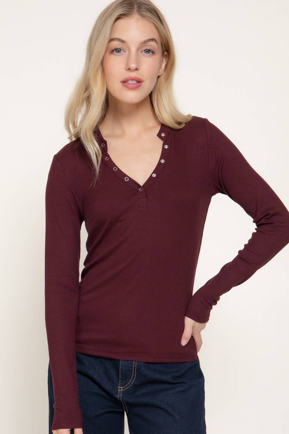 Long Sleeve Henley Neck Ribbed Top