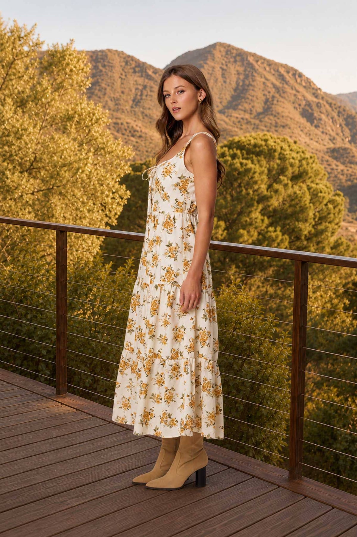 (PRE-ORDER)FLORAL FRONT LACE UP CORSET SLEEVELESS MIDI DRESS