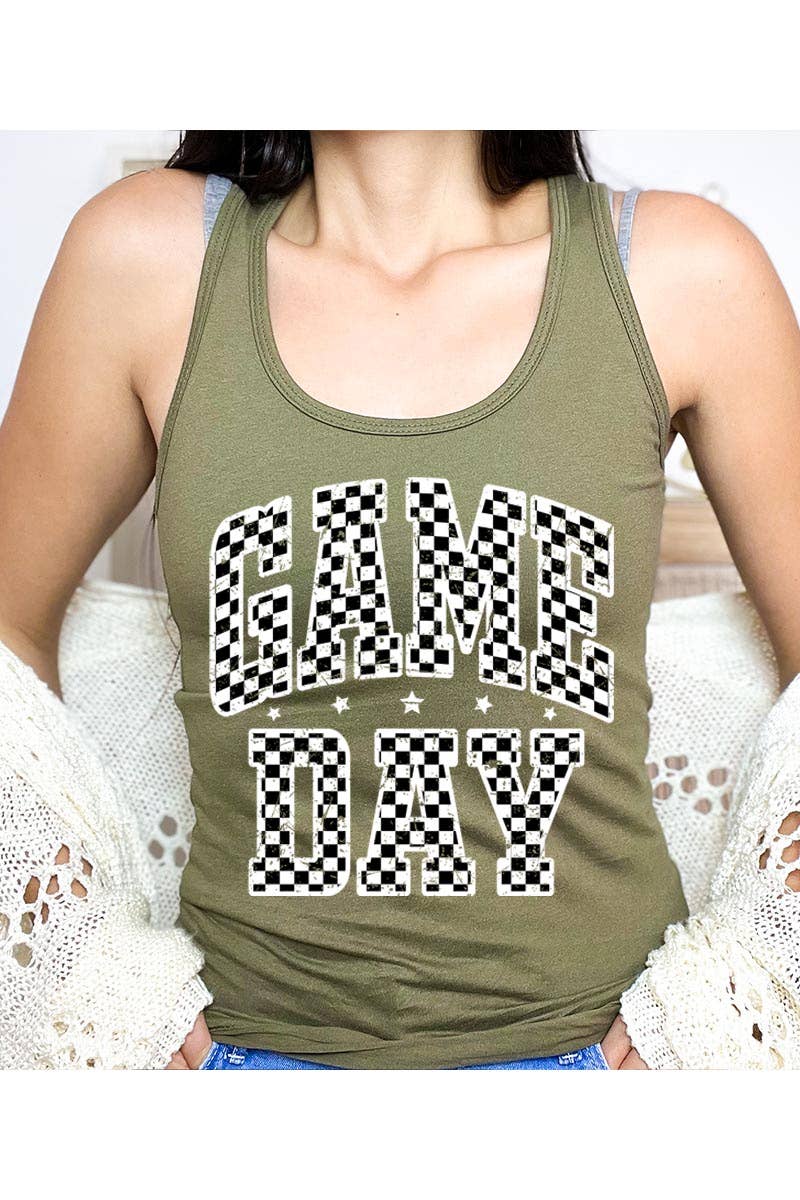 Checkered Game Day Graphic Racerback Tank Top