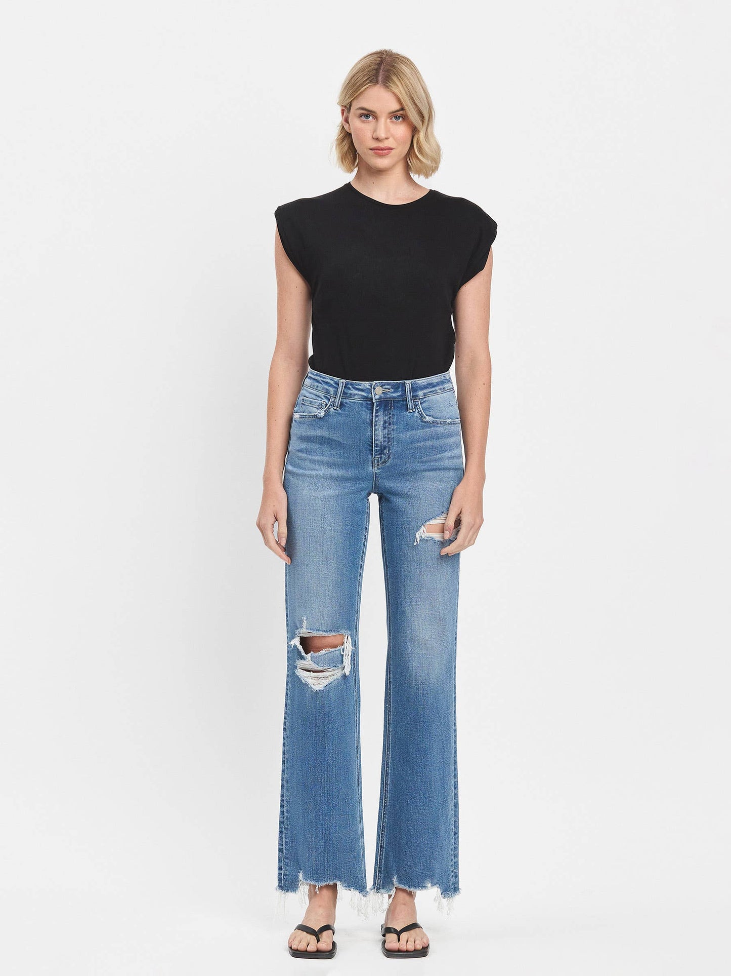ALIYAH HIGH RISE MEDIUM WASH DISTRESSED SLIM WIDE JEANS