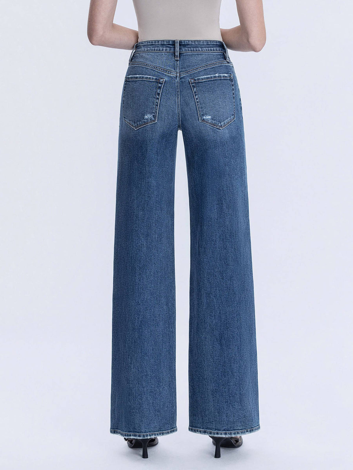 OLIVIA HIGH RISE DISTRESSED LEFT KNEE WIDE LEG JEANS T7076