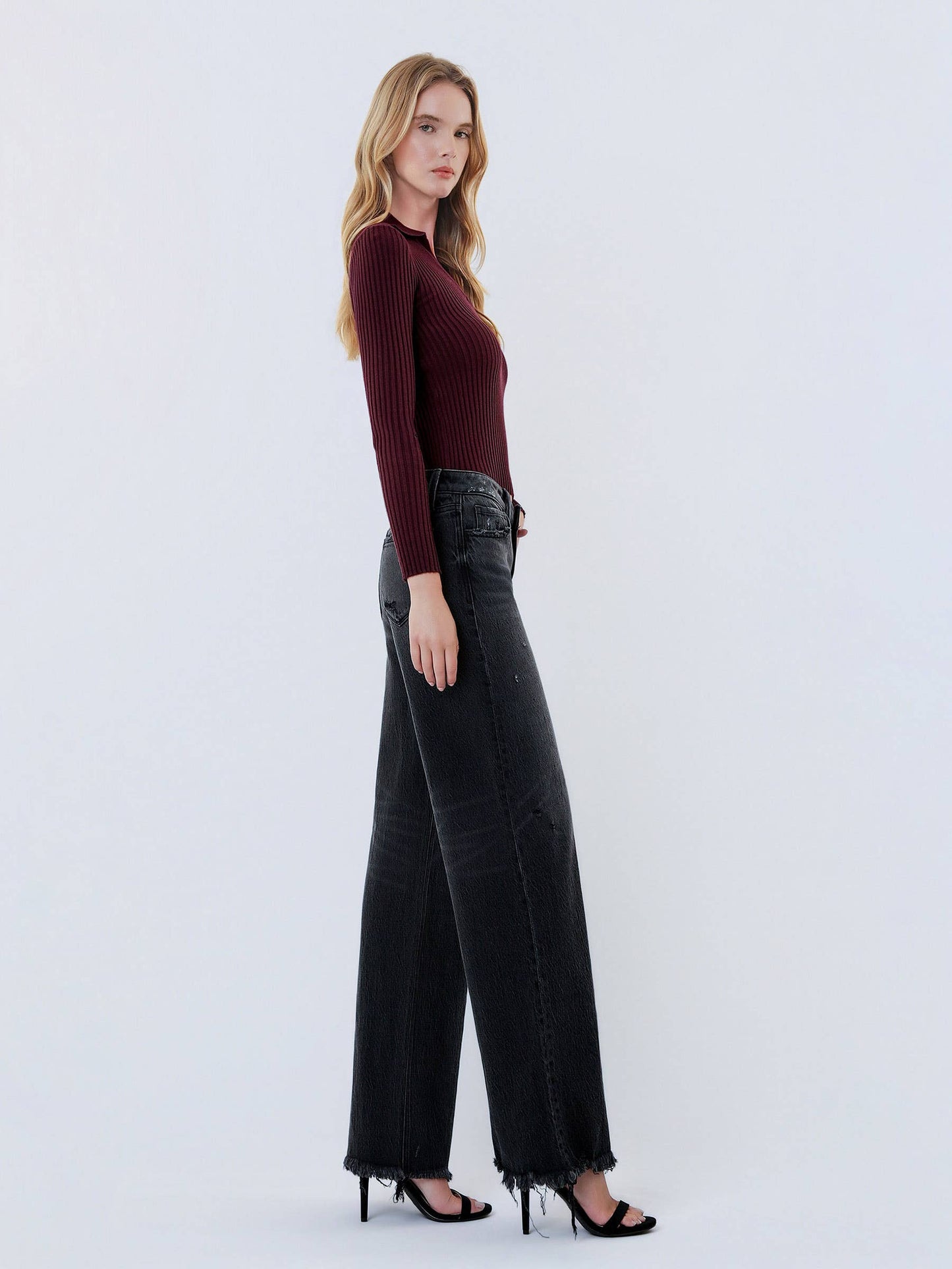 JANE MID RISE DISTRESSED HEM BLACK WIDE LEG  JEANS T7320BK