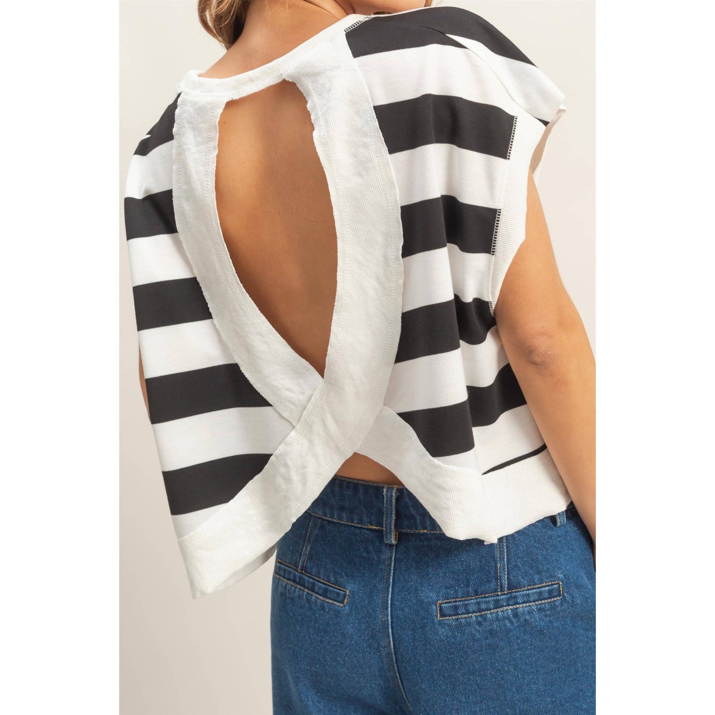 Striped open backCrew Neck Top
