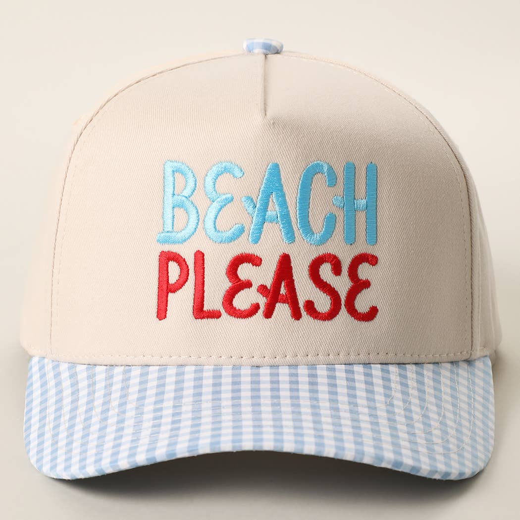 BEACH PLEASE Embroidered Gingham Brim Trucker Hat