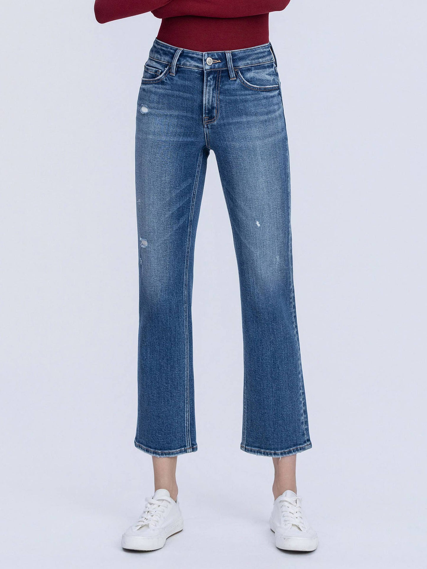 CARLY MID RISE MEDIUM DARK WASH ANKLE STRAIGHT JEANS T7242
