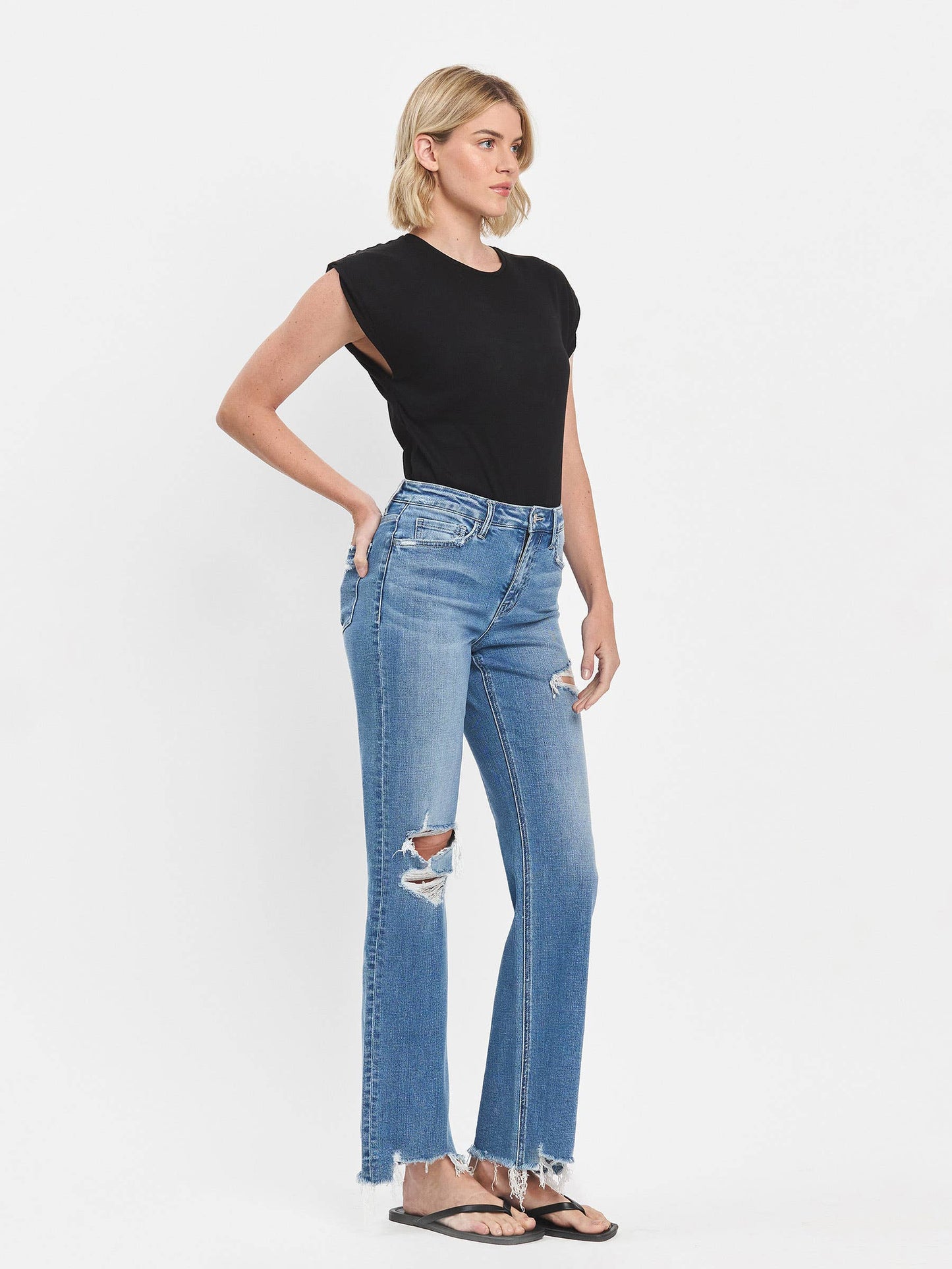ALIYAH HIGH RISE MEDIUM WASH DISTRESSED SLIM WIDE JEANS