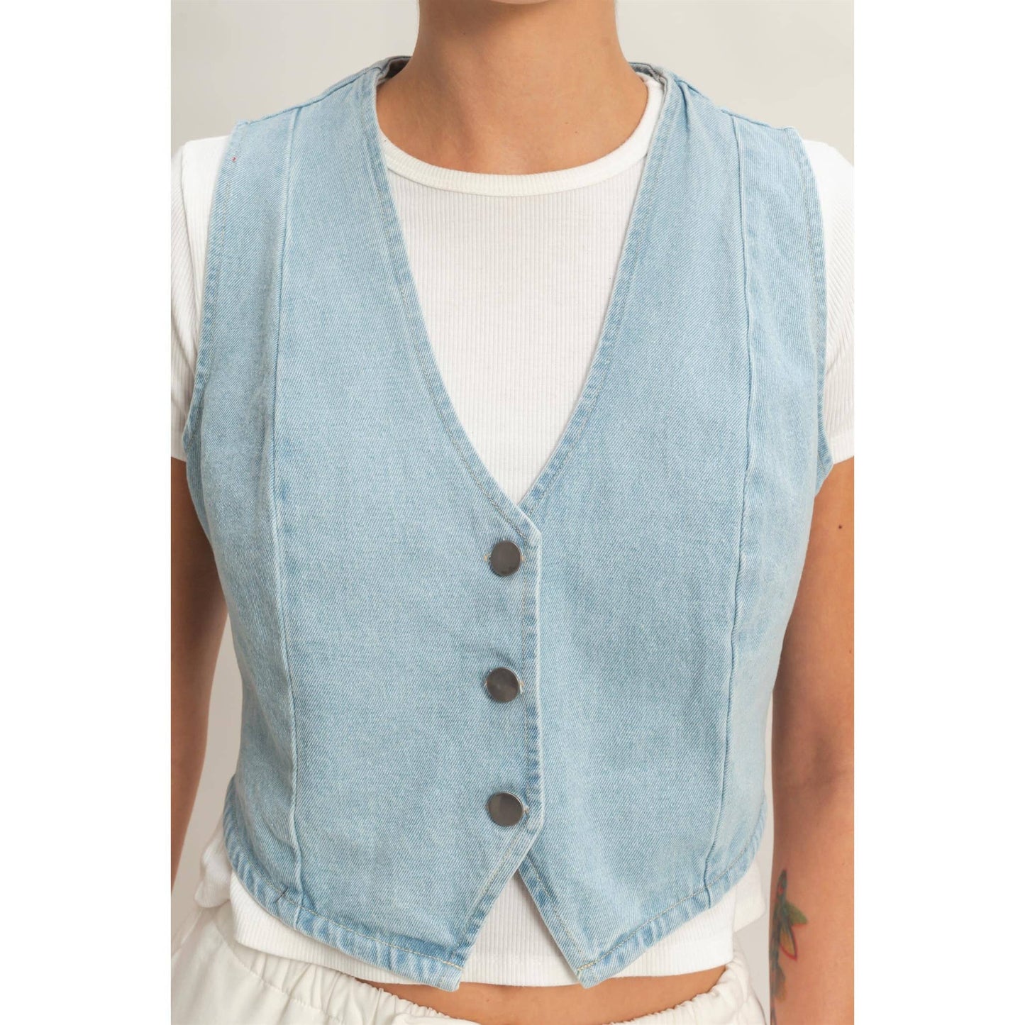 V-Neck Sleeveless Denim Vest
