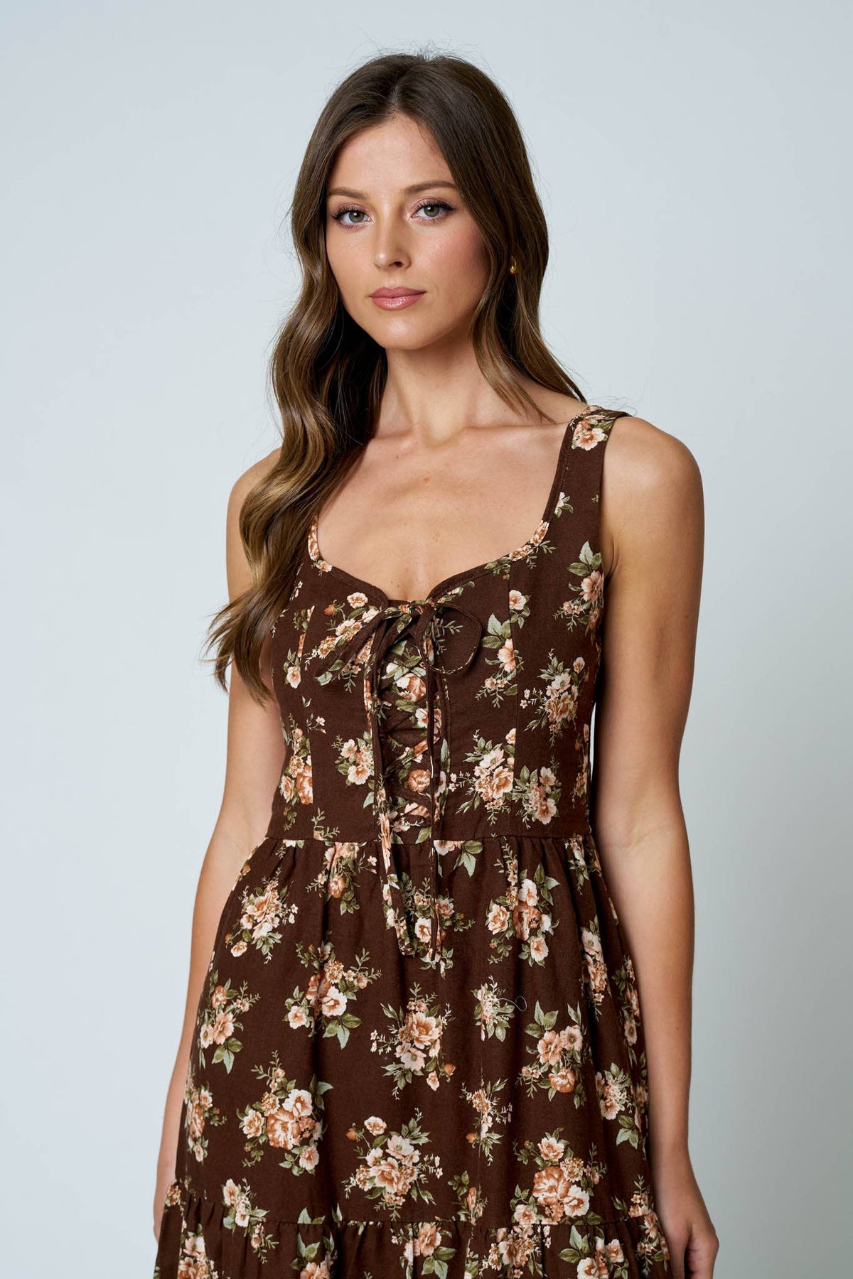 (PRE-ORDER)FLORAL FRONT LACE UP CORSET SLEEVELESS MIDI DRESS