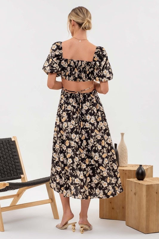 Puff sleeve open cut floral dress