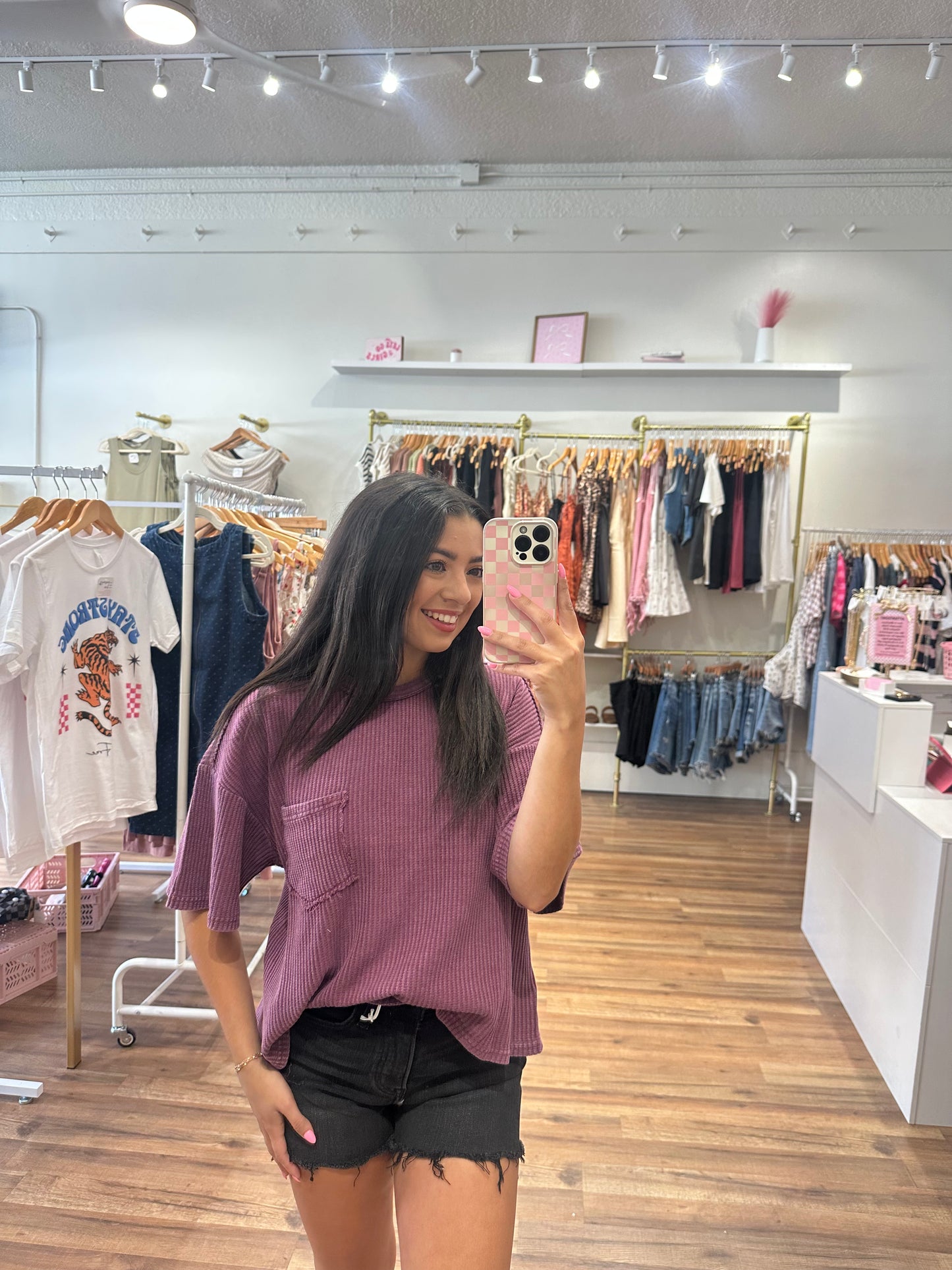Mineral Wash Waffle Knit Pocket Top