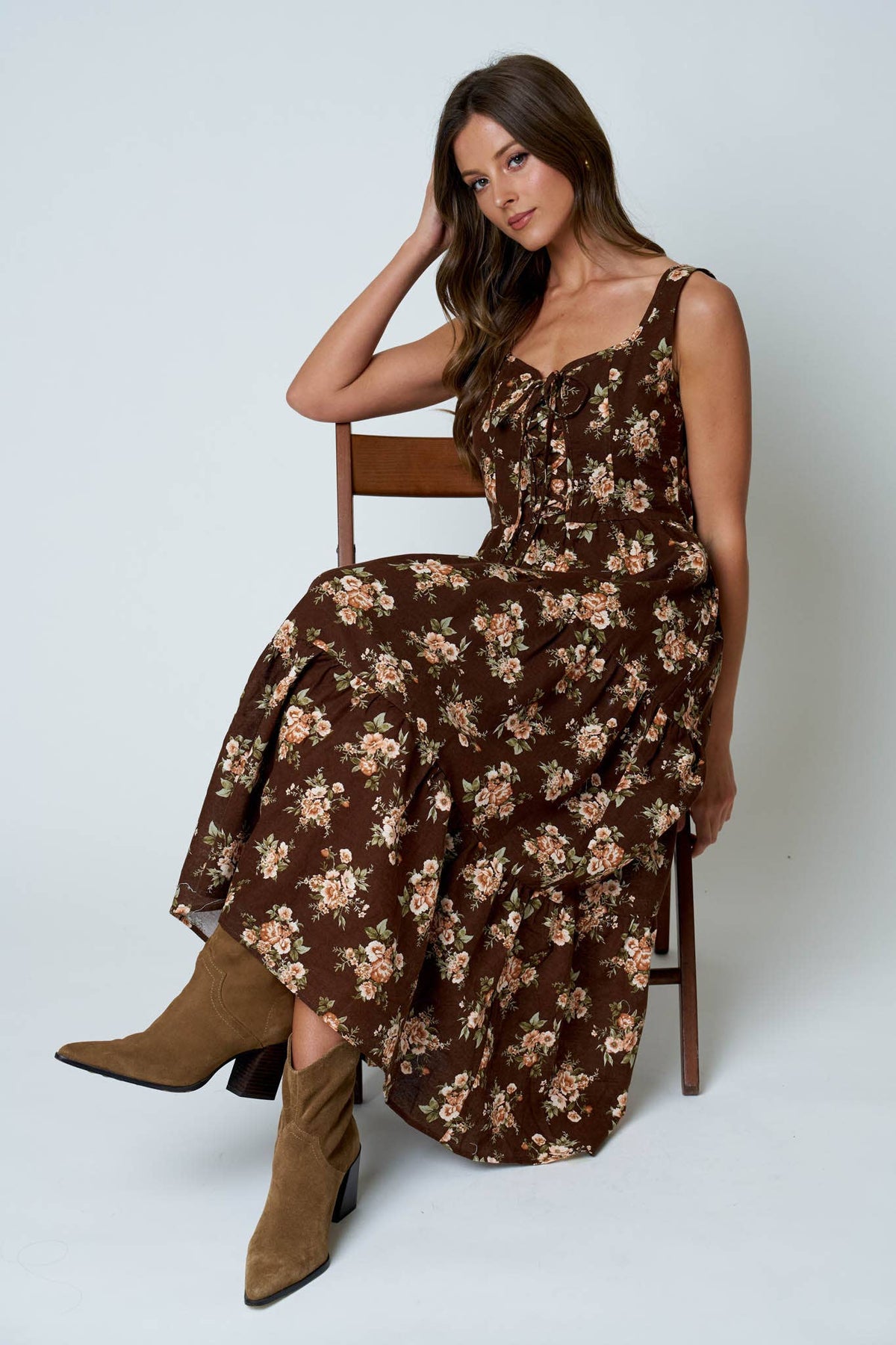 (PRE-ORDER)FLORAL FRONT LACE UP CORSET SLEEVELESS MIDI DRESS