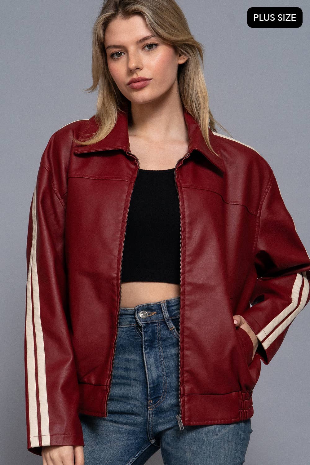 [PLUS SIZE] Long Sleeve Line Detail Faux Leather Jacket