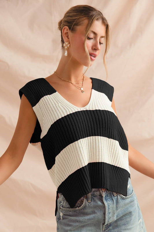 Loose Fit Stripe Deep V Neck Sweater Top